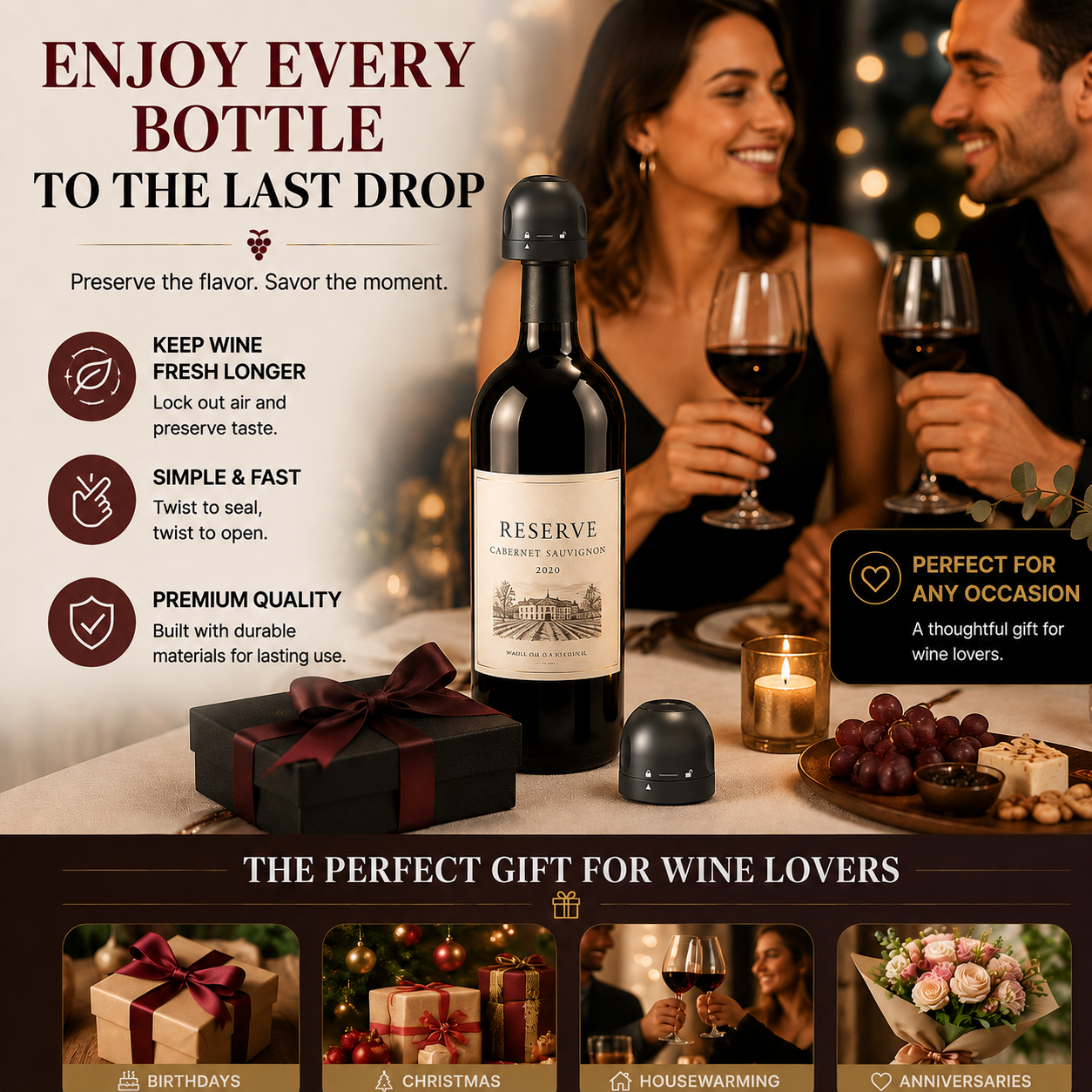 🍷 Premium Vacuum Wine Stopper – Keep Wine Fresh Longer with Airtight Seal