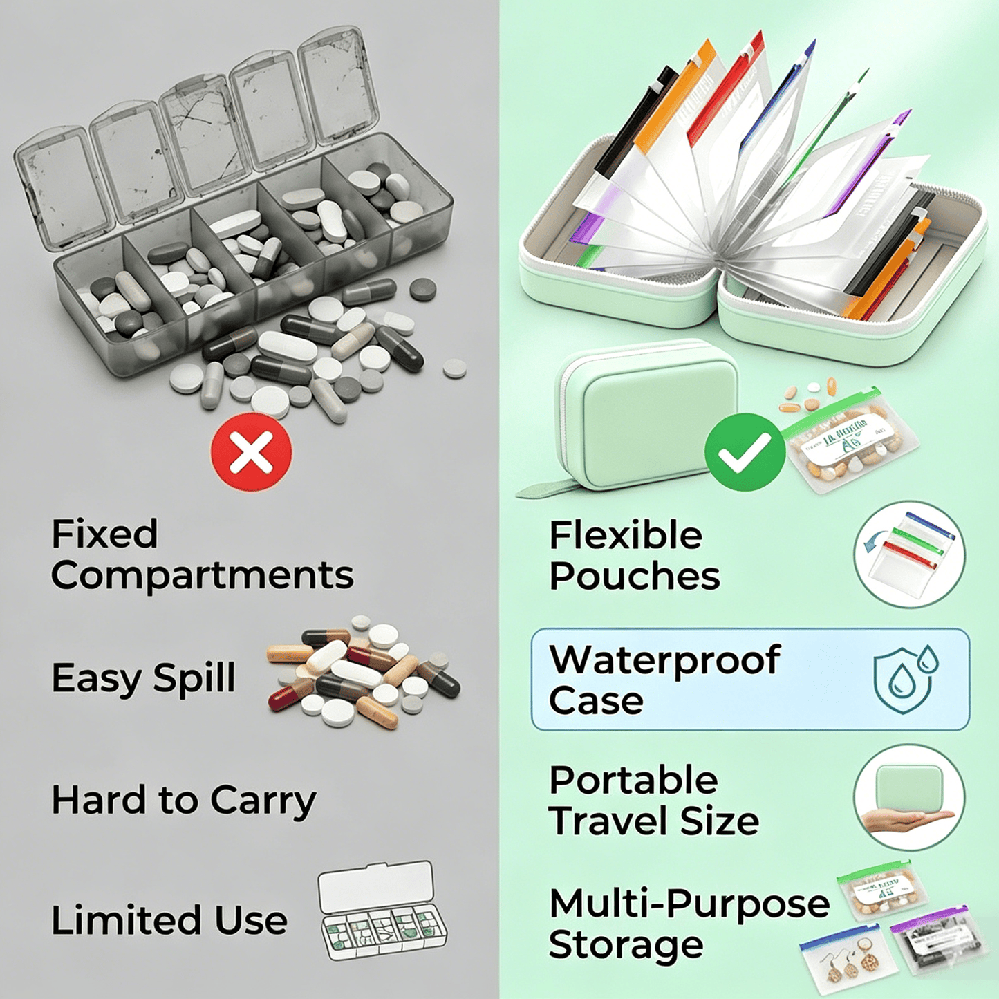 💊 A8 Waterproof Pill Pouch Set – Large Weekly Travel Medicine Organizer