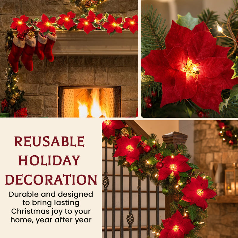 LED Poinsettia Christmas Garland Lights for Holiday Decor
