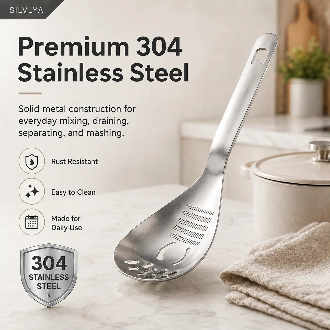 5-in-1 304 Stainless Steel Cooking Spoon, Egg Separator and Potato Masher, Use One Stainless Steel Spoon To Mash Potatoes, Separate Eggs, Stir Mixtures, Grate Foods