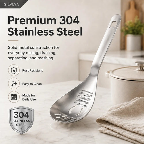 5-in-1 304 Stainless Steel Cooking Spoon, Egg Separator and Potato Masher, Use One Stainless Steel Spoon To Mash Potatoes, Separate Eggs, Stir Mixtures, Grate Foods