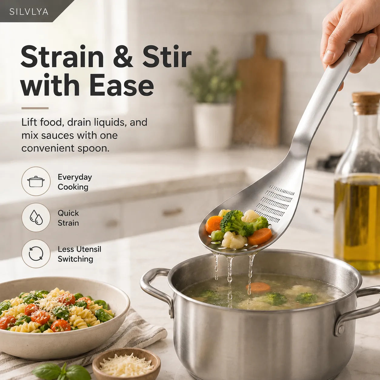 5-in-1 304 Stainless Steel Cooking Spoon, Egg Separator and Potato Masher, Use One Stainless Steel Spoon To Mash Potatoes, Separate Eggs, Stir Mixtures, Grate Foods