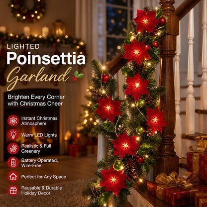 LED Poinsettia Christmas Garland Lights for Holiday Decor
