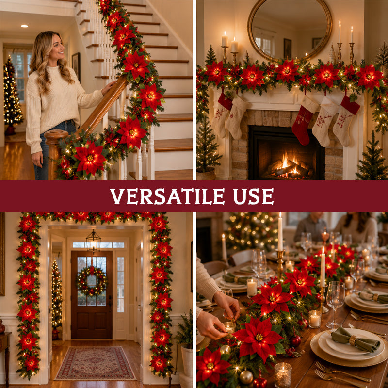 LED Poinsettia Christmas Garland Lights for Holiday Decor